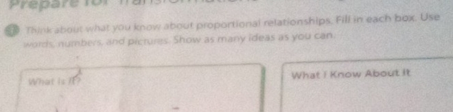 Prepare for 
Think about what you know about proportional relationships. Fill in each box. Use 
words, numbers, and pictures. Show as many ideas as you can 
What is /t? What I Know About it