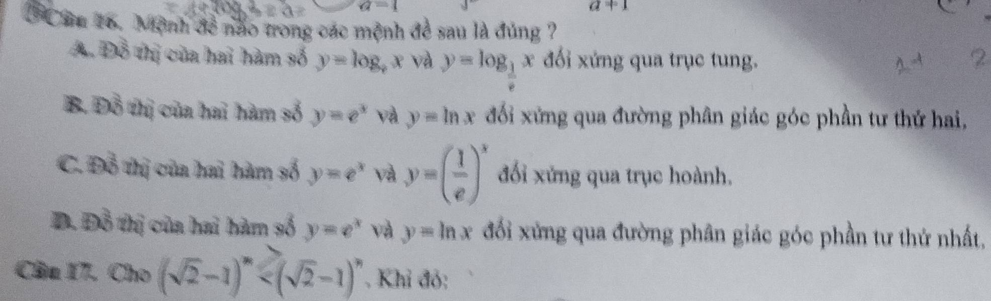 a=1
a+1
SC âu 16. Mệnh đề nào trong các mệnh đề sau là đúng 7
A. DB thị của hai hàm số y=log _yx và y=log _ 1/2 x đối xứng qua trục tung.
B. DB thị của hai hàm số y=e^x và y=ln x đối xứng qua đường phân giác góc phần tư thứ hai,
C. DB thị của hai hàm số y=e^x và y=( 1/e )^x đối xứng qua trục hoành.
Đ. Đỗ thị của hai hàm số y=e^x và y=ln x đối xứng qua đường phân giác góc phần tư thứ nhất,
Câu 17. Cho (sqrt(2)-1)^n . Khi đỏ: