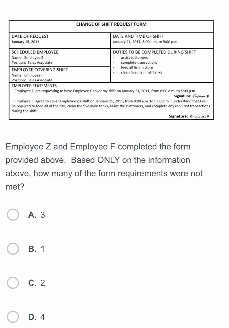 Employee Z and Employee F completed the form
provided above. Based ONLY on the information
above, how many of the form requirements were not
met?
A. 3
B. 1
C. 2
D. 4