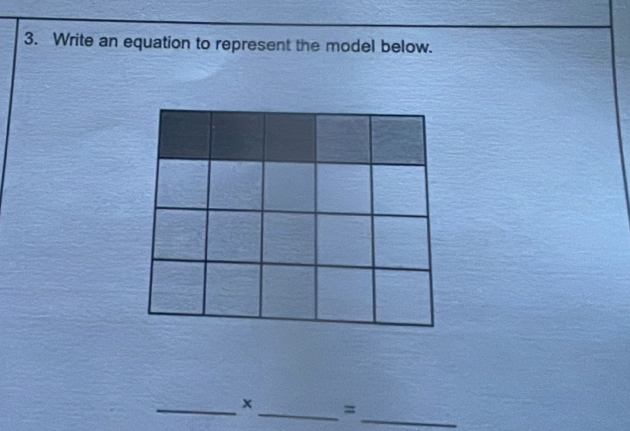 Write an equation to represent the model below. 
_×_ = 
_