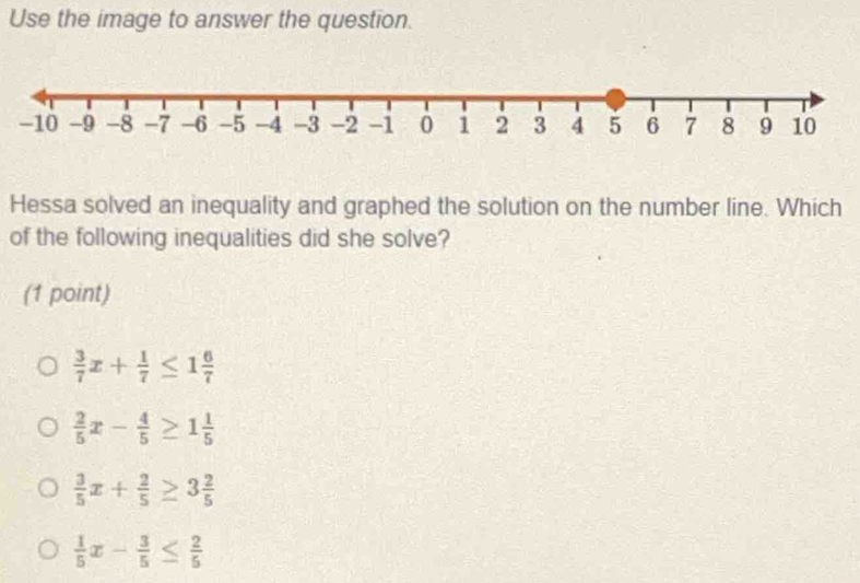 Use the image to answer the question.
Hessa solved an inequality and graphed the solution on the number line. Which
of the following inequalities did she solve?
(1 point)
 3/7 x+ 1/7 ≤ 1 6/7 
 2/5 x- 4/5 ≥ 1 1/5 
 3/5 x+ 2/5 ≥ 3 2/5 
 1/5 x- 3/5 ≤  2/5 