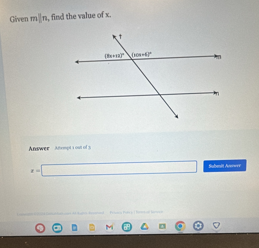 Given mparallel n , find the value of x.
Answer Attempt 1 out of 3
x=□ Submit Answer
Conyright 22024 Deltablath.com All Rights Reserved. Privacy Policy | Terms of Service