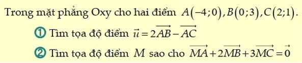 Trong mặt phẳng Oxy cho hai điểm A(-4;0), B(0;3), C(2;1). 
① Tìm tọa độ điểm vector u=2vector AB-vector AC
② Tìm tọa độ điểm M sao cho vector MA+2vector MB+3vector MC=vector 0