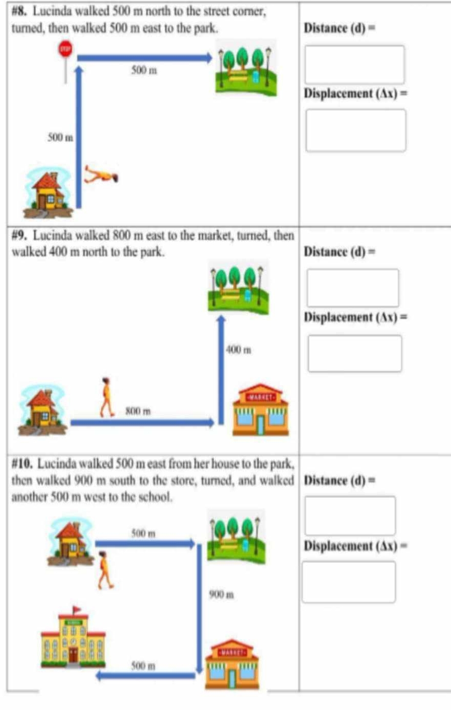 #8. Lucinda walked 500 m north to the street corner, 
turned, then walked 500 m east to the park. Distance (d) =
Displacement (△ x)=
#9. Lucinda walked 800 m east to the market, turned, then 
walked 400 m north to the park. Distance (d) = 
splacement (△ x)=
#10. Lucinda walked 500 m east from her house to the park, 
then walked 900 m south to the store, turned, and walked Distance (d) = 
another 500 m west to the school. 
Displacement (Delta x)=