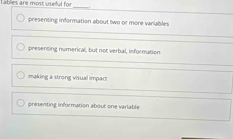 Tables are most useful for _.
presenting information about two or more variables
presenting numerical, but not verbal, information
making a strong visual impact
presenting information about one variable