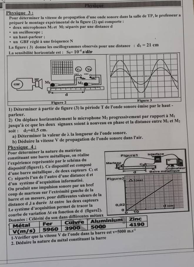 Physique
Physique 3 :
Pour déterminer la vitesse de propagation d'une onde sonore dans la salle de TP, le professeur a
préparé le montage expérimental de la figure (2) qui comporte :
deux microphones M1 et M2 séparés par une distance d
un oscilloscope ;
un haut-parleur ;
un GBF réglé à une fréquence N
La figure ( 3) donne les oscillogrammes observés pour une distance : d_1=21cm
La sensibilité horizontale est : S_h=10^(-4) s/di
1) Déterminer à partir de figure (3) la période T de l'onde sonore émise par le haut -
parleur. M_1
2) On déplace horizontalement le microphone M_2 progressivement par rapport à
jusqu'à ce que les deux signaux soient à nouveau en phase et la distance entre M_1 et M_2
soit : d_2=41,5cm.
a) Déterminer la valeur de λ la longueur de l'onde sonore.
b) Déduire la vitesse V de propagation de l'onde sonore dans l'air.
Physique 4 :
Pour déterminer la nature du matériau
constituant une barre métallique, on réalise
l'expérience représentée par le schéma du
dispositif (figure1). Ce dispositif est composé 
d'une barre métallique , de deux capteurs Cé et 
C2 séparés l'un de l'autre d'une distance d et
d’un système d’acquisition informatisé. Figure2 △ t(ms)
On produit une impulsion sonore par un bref
coup de marteau sur l'extrémité gauche de la
barre et on mesure, pour différentes valeurs de la
distance d ,l a durée At entre les deux capteurs
Le système d’acquisition permet de tracer la 0,02
courbe de variation At en fonction de d (figure2). 0 10 d (cm)
o
métaux
1-Vérifier que la vitesse V de l’o
2. Déduire la nature du métal constituant la barre