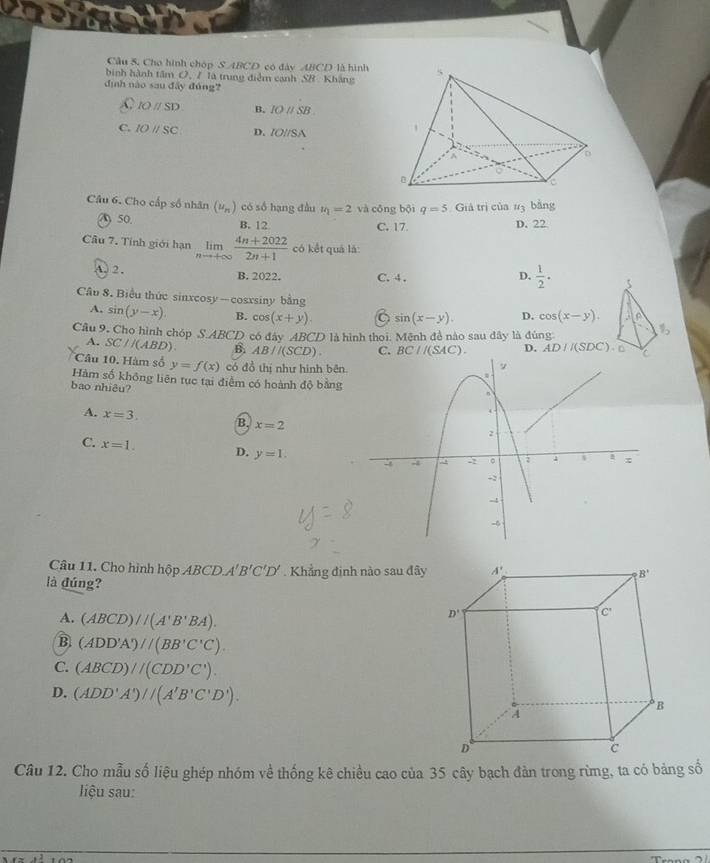 Cho hình chóp S ABCD có đày ABCD là hình
bình hành tâm 0, 7 là trung điểm cạnh SB. Kháng
đình nào sau đây đóng?
IOparallel SD B. IOparallel SB.
C. IOparallel SC D. IO//SA
Câu 6. Cho cấp số nhân (u_n) có số hạng đầu u_1=2 và cōng bội q=5 Giả trị của #3 bằng
050. C. 17 D. 22
B. 12
Câu 7. Tỉnh giới hạn limlimits _nto +∈fty  (4n+2022)/2n+1  có kết quá là:
A. 2. B. 2022. C. 4 . D.  1/2 . 5
Câu 8. Biểu thức sinxcosy — cosxsiny bằng D. cos (x-y). AP
A. sin (y-x) B. cos (x+y). sin (x-y). l_2
Câu 9, Cho hình chóp S.ABCD có đây ABCD là hình thoi. Mệnh đề nào sau dây là đúng
A. SC//(ABD). B. AB//(SCD). C. BC//(SAC). D. AD//(SDC)._□ 
Câu 10. Hàm số y=f(x) có đồ thị như hinh bên
Hàm số không liên tục tại điểm có hoành độ bằng 
bao nhiêu?
A. x=3. B. x=2
C. x=1. D. y=1.
Câu 11. Cho hình hộp ABCD. A'B'C'D'. Khẳng định nào sau đây
là đúng?
A. (ABCD)//(A'B'BA).
B (ADD'A')//(BB'C'C).
C. (ABCD)//(CDD'C').
D. (ADD'A')/(A'B'C'D').
Câu 12. Cho mẫu số liệu ghép nhóm về thống kê chiều cao của 35 cây bạch đàn trong rừmg, ta có bảng số
liệu sau: