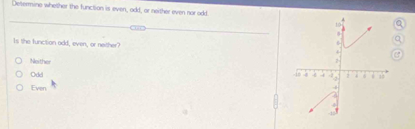 Determine whether the function is even, odd, or neither even nor odd.Q
Is the function odd, even, or neither?
a
B
Neither
Odd
Even