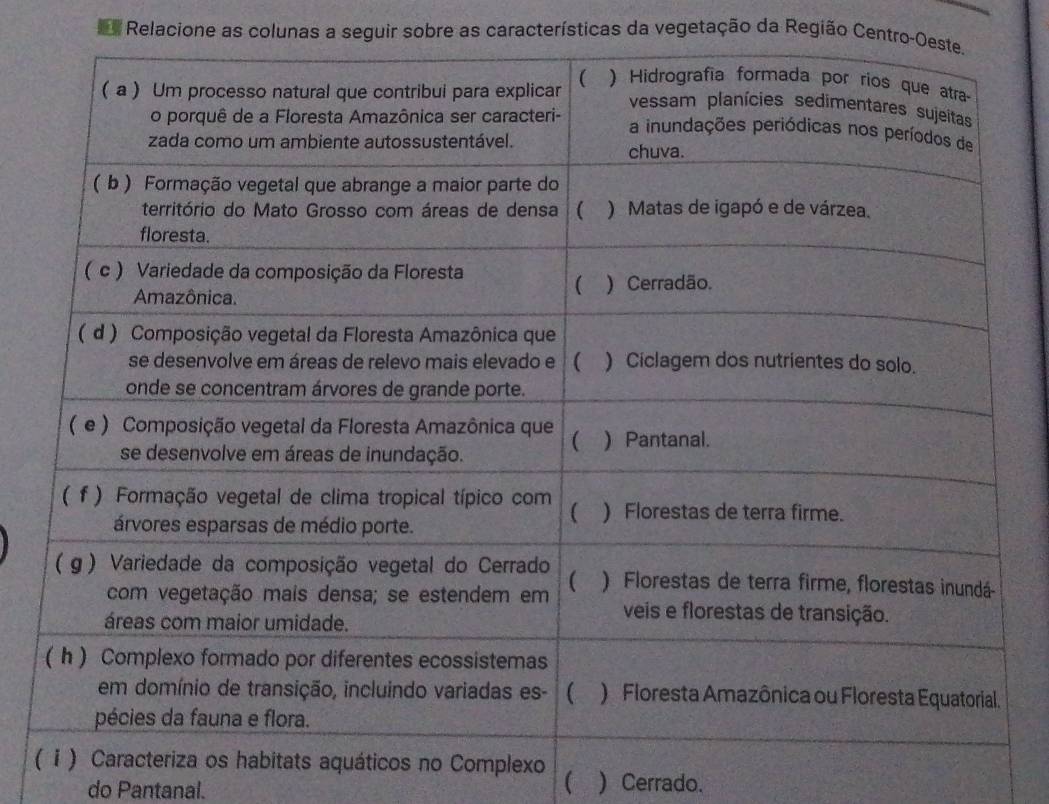 Relacione as colunas a seguir sobre as características da vegetação da Região Centro-O 
(os no Complexo  ) Cerrado. 
do Pantanal.