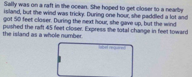 Sally was on a raft in the ocean. She hoped to get closer to a nearby 
island, but the wind was tricky. During one hour, she paddled a lot and 
got 50 feet closer. During the next hour, she gave up, but the wind 
pushed the raft 45 feet closer. Express the total change in feet toward 
the island as a whole number. 
label required