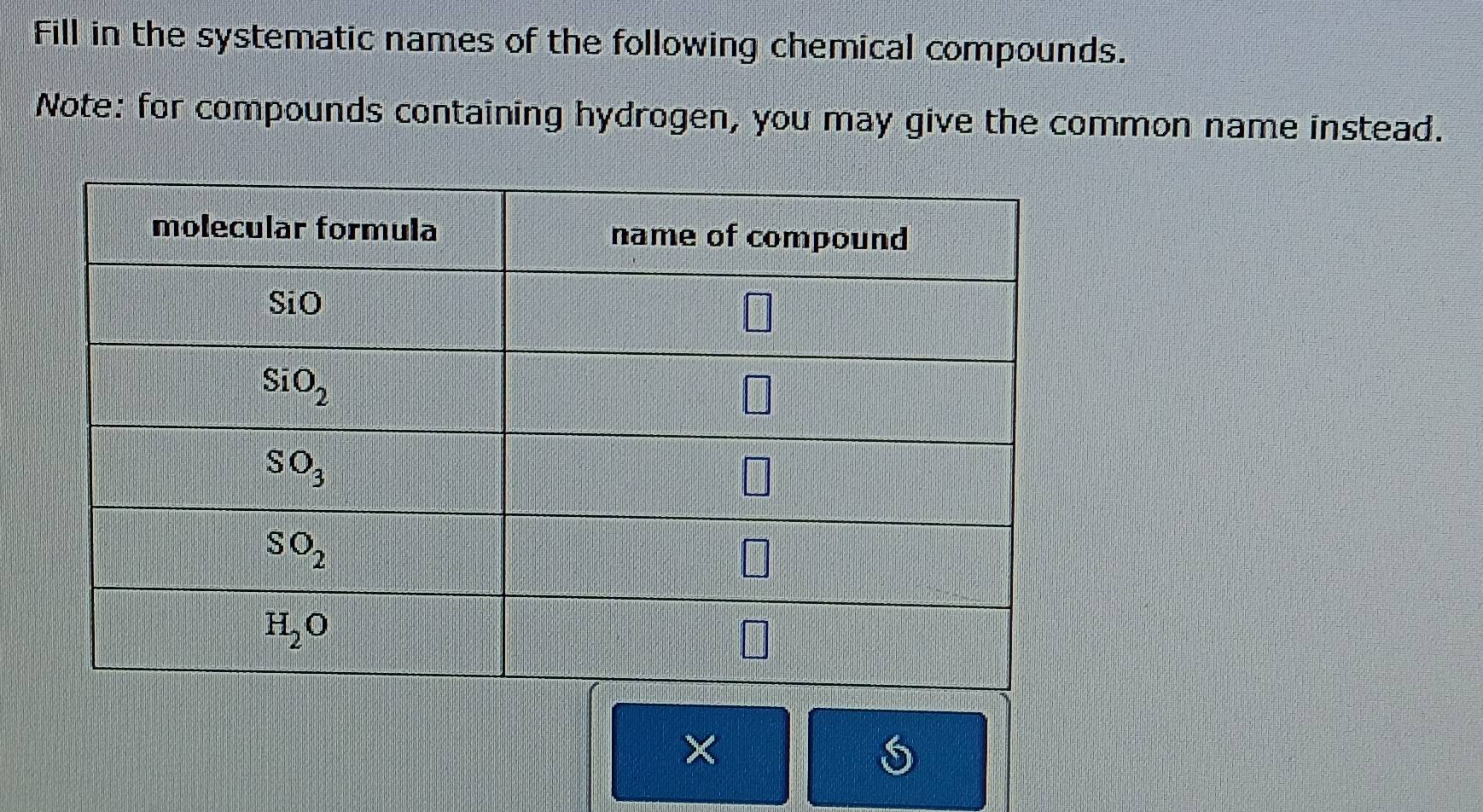 Fill in the systematic names of the following chemical compounds.
Note: for compounds containing hydrogen, you may give the common name instead.
×
S