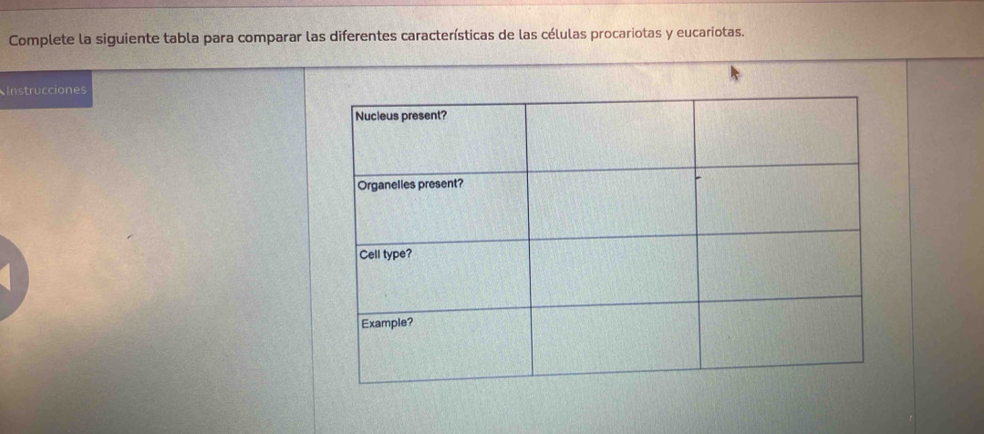 Complete la siguiente tabla para comparar las diferentes características de las células procariotas y eucariotas. 
Instrucciones