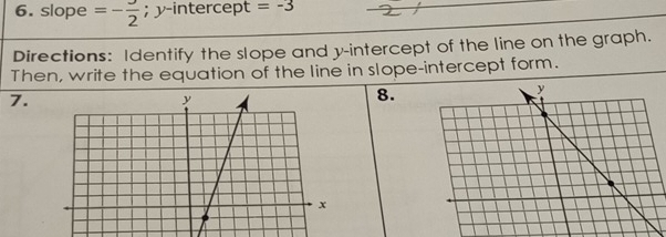 slope =- 3/2 ; y-intercept =-3
Directions: Identify the slope and y-intercept of the line on the graph. 
Then, write the equation of the line in slope-intercept form. 
7. 
8.