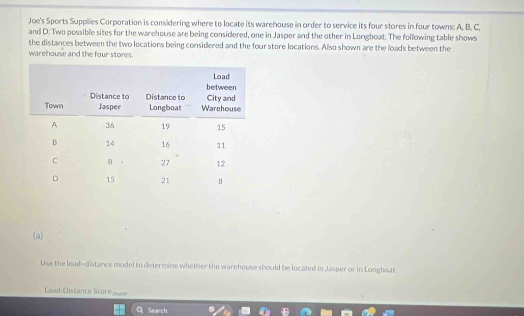 Joe's Sports Supplies Corporation is considering where to locate its warehouse in order to service its four stores in four towns: A. B, C, 
and D : Two possible sites for the warehouse are being considered, one in Jasper and the other in Longboat. The following table shows 
the distances between the two locations being considered and the four store locations. Also shown are the loads between the 
warehouse and the four stores. 
(a) 
Use the load-distance model to determine whether the warehouse should be located in Jasper or in Longboat. 
Load-Distance Score see 
Search