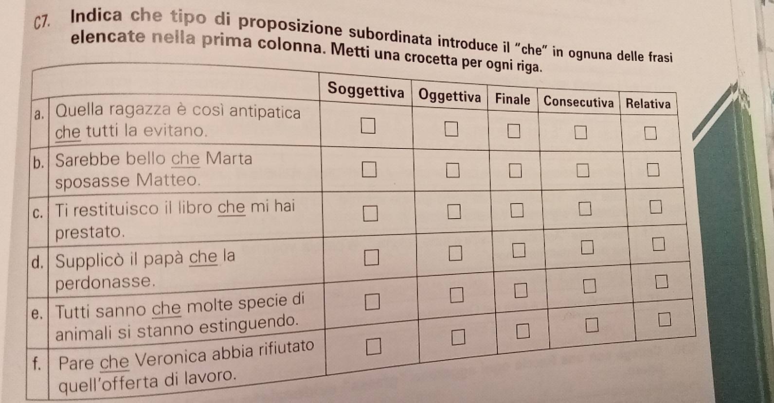 C7. Indica che tipo di proposizione subordinata introduce il "c
elencate nella prima colonna. 
quell'of