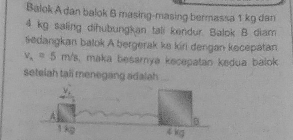 Balok A dan balok B masing-masing bermassa 1 kg dan
4 kg saling dihubungkan tali kendur. Balok B diam
šedangkan balok A bergerak ke kiri dengan kecepatan
v_A=5m/s. maka besarya kecepatan kedua balok .
seteiah tạii menegang adalah ...
V
A
1 kg 4xg