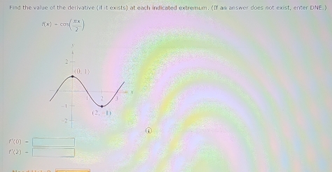 Find the value of the derivative (if it exists) at each indicated extremum. (If an answer does not exist, enter DNE.)
f(x)=cos ( π x/2 )
①
f'(0)=□
f'(2)=□