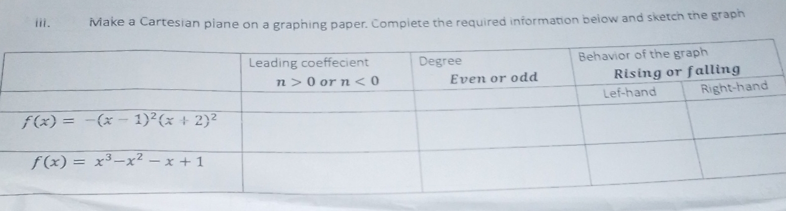 iMake a Cartesian plane on a graphing paper. Complete the required information below and sketch the graph