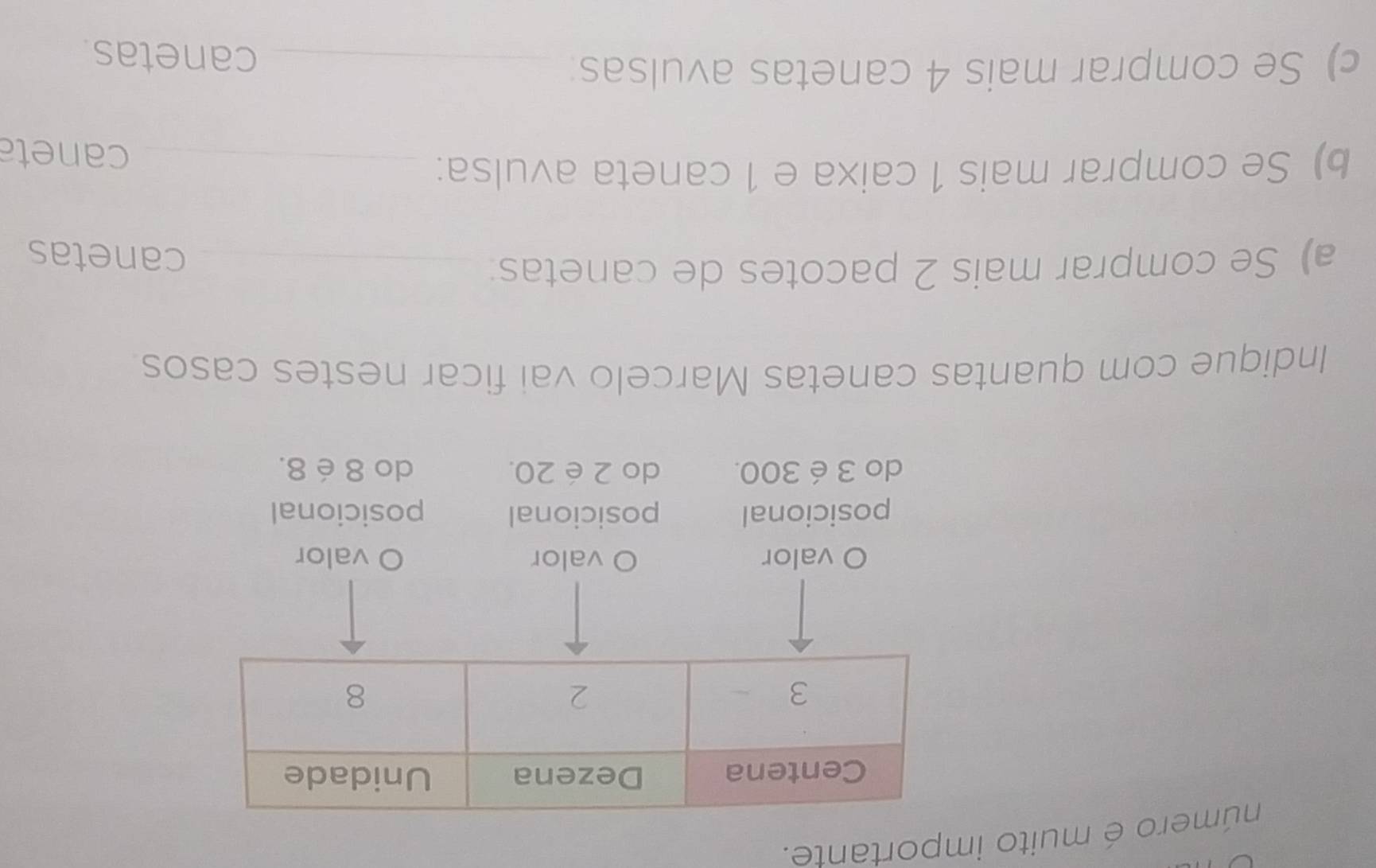 número é muito importante.
O valor O valor O valor
posicional posicional posicional
do 3 é 300. do 2 é 20. do 8 é 8.
Indique com quantas canetas Marcelo vai ficar nestes casos.
a) Se comprar mais 2 pacotes de canetas:_
canetas
b) Se comprar mais 1 caixa e 1 caneta avulsa:_
caneta
c) Se comprar mais 4 canetas avulsas:_
canetas.