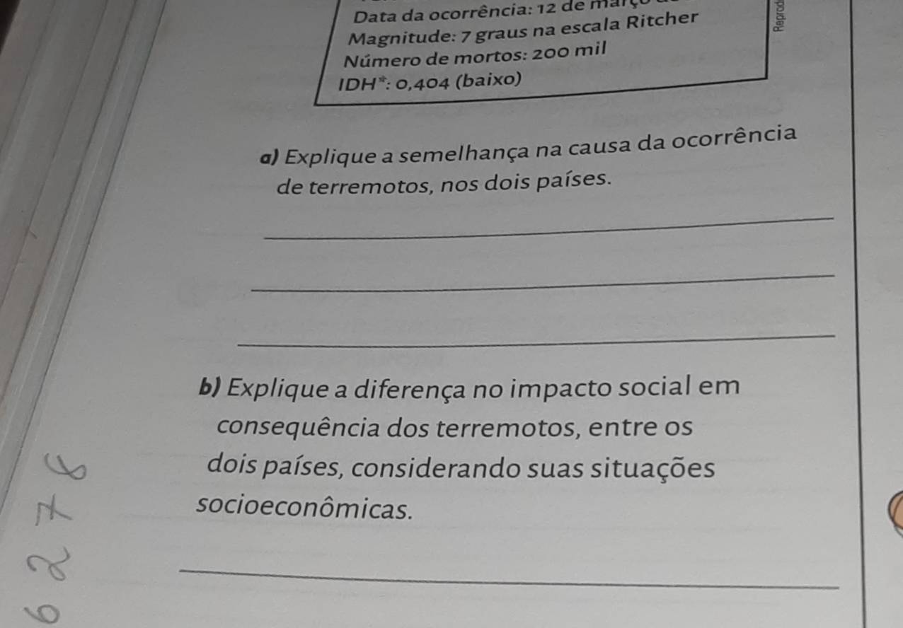 Data da ocorrência: 12 de mary 
Magnitude: 7 graus na escala Ritcher 
Número de mortos: 200 mil
IDH*: 0,404 (baixo) 
α) Explique a semelhança na causa da ocorrência 
de terremotos, nos dois países. 
_ 
_ 
_ 
b) Explique a diferença no impacto social em 
consequência dos terremotos, entre os 
dois países, considerando suas situações 
socio e conômicas. 
_