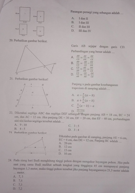 Pasangan persegi yang sebangun adalah ...
A. I dan II
B. I dan III
C. II dan III
D. III dan IV
20. Perhatikan gambar berikut.
Garis AB sejajar dengan garis CD.
Perbandingan yang benar adalah ...
A.  AB/CD = AE/DE = BE/CE 
B.  AB/CD = AE/CE = BE/DE 
C.  CD/AB = AE/DE = BE/CE 
D.  CD/AB = CE/AE = DE/CE 
21. Perhatikan gambar berikut!
Panjang x pada gambar kesebangunan
trapesium di samping adalah ...
A. a- n/m (a-b)
B. a+ n/m (a-b)
C.  n/m (a-b)-a
D. _ nb+ma
22. Diketahui segitiga ABC dan segitiga DEF sebanguñ dengan panjang AB=18cm,BC=24
cm. dan AC=12cm. Jika panjang DE=30cm,DF=20cm , dan EF-40cm , perbandingan
sisi-sisi kedua segitiga tersebut adalah ...
A. 9:10 C. 3:5
B. 4:5 D. 3:4
3 Perhatikan gamhar herikut Diketahui pada gambar di samping, panjang AE=6cm,
EC=4cm , dan DE=12cm Panjang BC adalah …
A. 20 cm
B. 12 cm
C. 15 cm
D. 10 cm
24. Pada siang hari Budi menghitung tinggi pohon dengan mengukur bayangan pohon. Jika pada
saat yang sama Budi melihat sebuah tongkat yang tingginya 45 cm mempunyai panjang
bayangan 1,3 meter, maka tinggi pohon tersebut jika panjang bayangannnya 21,5 meter adalah
. . . meter.
A. 7, 5
B. 7,4
C. 7,3
D. 7,2