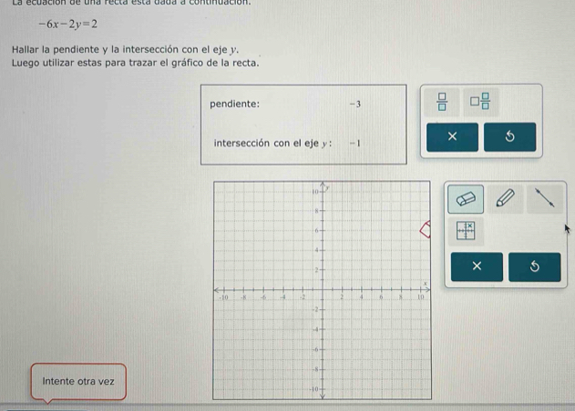 La ecuación de una recta esta dada a continuación.
-6x-2y=2
Hallar la pendiente y la intersección con el eje y. 
Luego utilizar estas para trazar el gráfico de la recta. 
pendiente: -3  □ /□   □  □ /□  
intersección con el eje y ： - 1 × 
× 
Intente otra vez