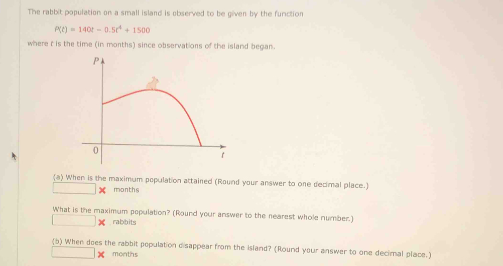 The rabbit population on a small island is observed to be given by the function
P(t)=140t-0.5t^4+1500
where t is the time (in months) since observations of the island began. 
(a) When is the maximum population attained (Round your answer to one decimal place.)
months
What is the maximum population? (Round your answer to the nearest whole number.) 
rabbits 
(b) When does the rabbit population disappear from the island? (Round your answer to one decimal place.)
months