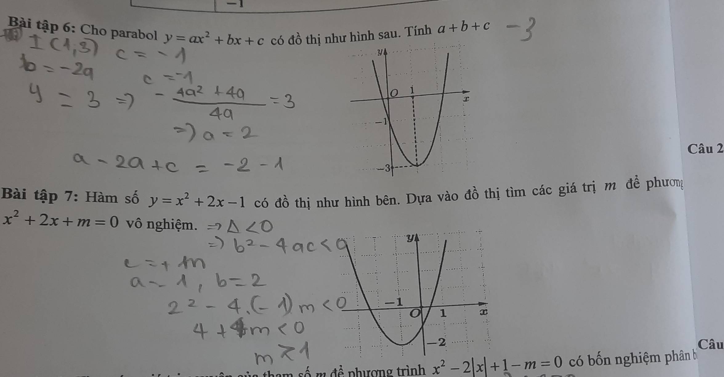 Bài tập 6: Cho parabol y=ax^2+bx+c có đồ thị như hình sau. Tính
a+b+c
Câu 2 
Bài tập 7: Hàm số y=x^2+2x-1 có đồ thị như hình bên. Dựa vào đồ thị tìm các giá trị m để phương
x^2+2x+m=0 vô nghiệm. 
Câu 
số m đề phượng trình x^2-2|x|+1-m=0 có bốn nghiệm phân b