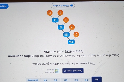 5A 5B 5C 5D 5 E 5 F Summary 
Bookwork code: 5A Calculator 
allowe d 
The prime factor tree for 396 is given below. 
Draw the prime factor tree for 84 and use it to work out the highest common 
factor (HCF) of 84 and 396. 
Watch video Answ