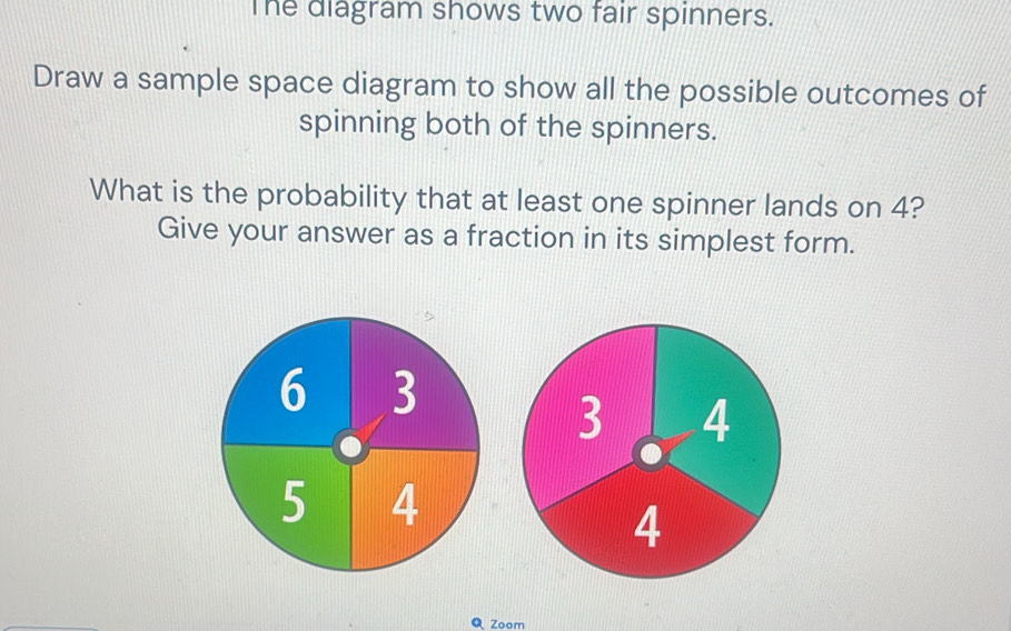 Solved: The diagram shows two fair spinners. Draw a sample space ...
