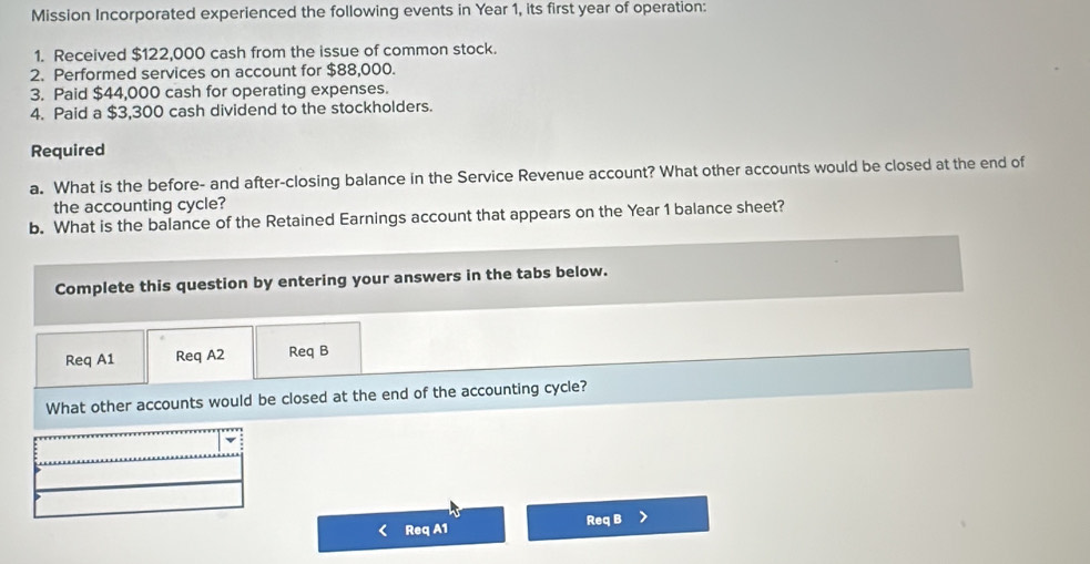 Mission Incorporated experienced the following events in Year 1, its first year of operation: 
1. Received $122,000 cash from the issue of common stock. 
2. Performed services on account for $88,000. 
3. Paid $44,000 cash for operating expenses. 
4. Paid a $3,300 cash dividend to the stockholders. 
Required 
a. What is the before- and after-closing balance in the Service Revenue account? What other accounts would be closed at the end of 
the accounting cycle? 
b. What is the balance of the Retained Earnings account that appears on the Year 1 balance sheet? 
Complete this question by entering your answers in the tabs below. 
Req A1 Req A2 Req B 
What other accounts would be closed at the end of the accounting cycle? 
Req A1 Req B