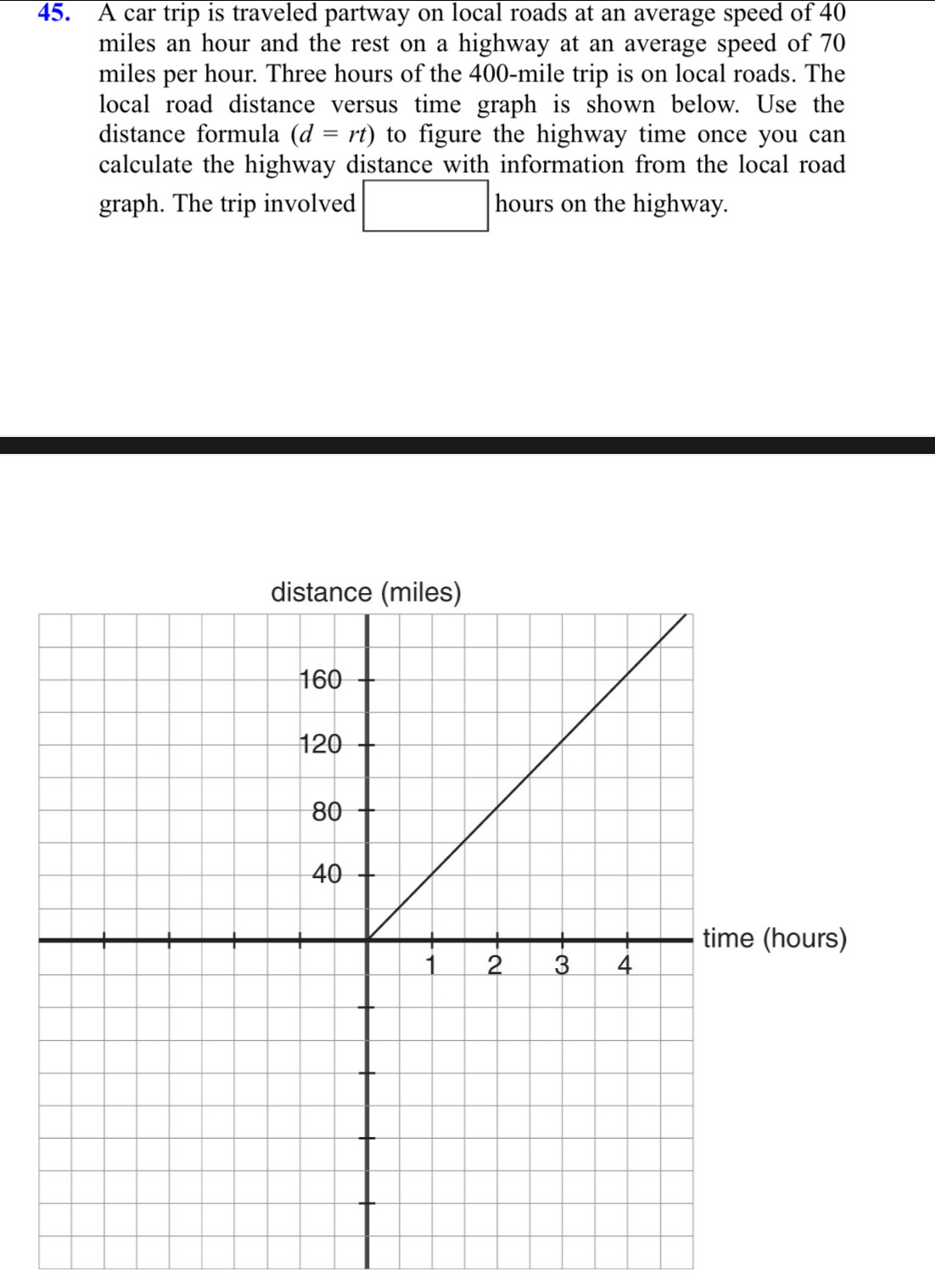 A car trip is traveled partway on local roads at an average speed of 40
miles an hour and the rest on a highway at an average speed of 70
miles per hour. Three hours of the 400-mile trip is on local roads. The 
local road distance versus time graph is shown below. Use the 
distance formula (d=rt) to figure the highway time once you can 
calculate the highway distance with information from the local road 
graph. The trip involved □ hours on the highway.