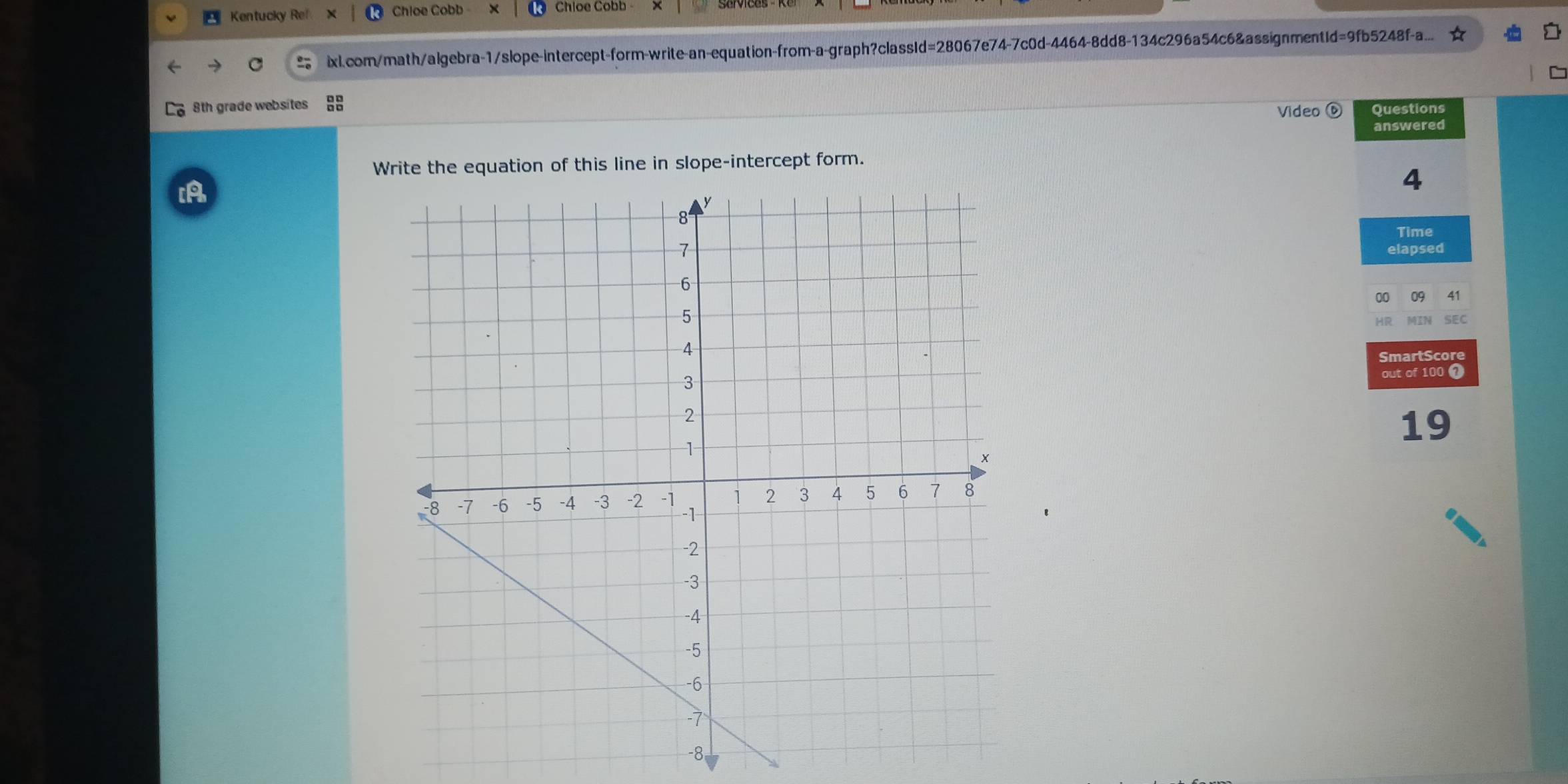 Kentucky Re Chloe Cobb 
ixl.com/math/algebra-1/slope-intercept-form-write-an-equation-from-a-graph?classId=28067e74-7c0d-4464-8dd8-134c296a54c6&assignmentId=9fb5248fa.... 
8th grade websites 
Video 6 Questions 
answered 
Write the equation of this line in slope-intercept form. 
[A 
4 
Time 
elapsed 
00 09 41 
SEC 
SmartScore 
out of 100 7 
19