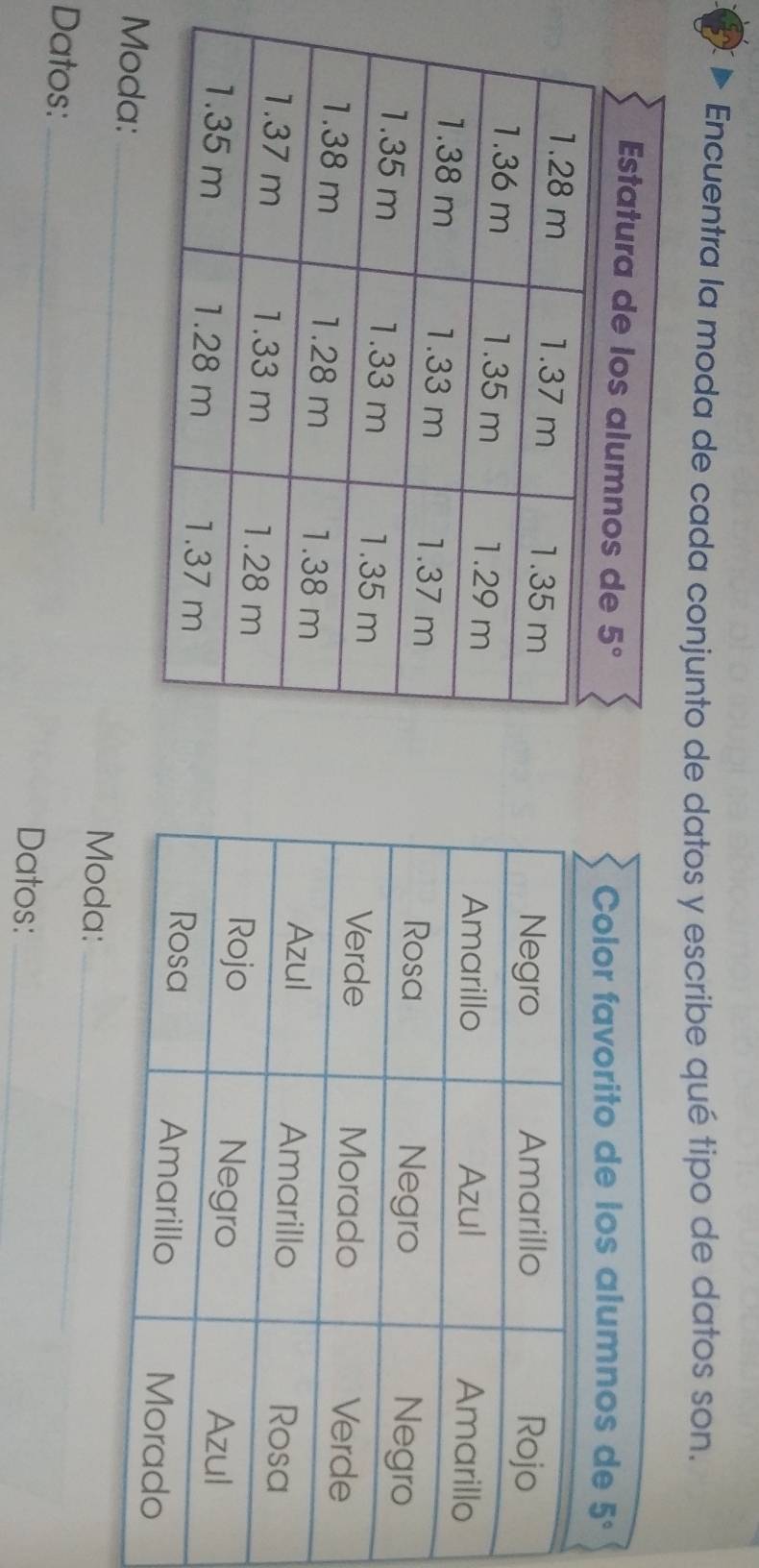 Encuentra la moda de cada conjunto de datos y escribe qué tipo de datos son.
_
Moda: _
Datos: _Datos:_