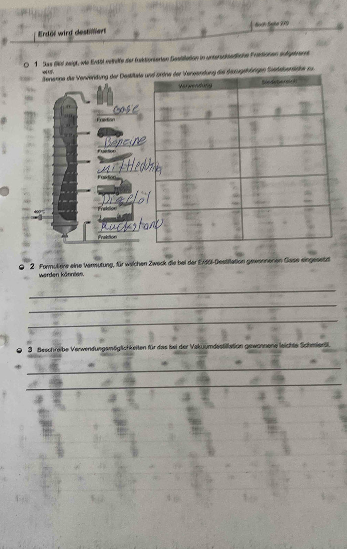 Erdöl wird destilliert Süth Saña 279
1 Das Bild zeigt, wie Erdöl mithilfe der fraktionierten Destillation in unterschiedliche Fraddionen sufgekrenns 
wird . 
erwendung der Destillätebngen Siehelserscee a 
2 Formuliere eine Vermutung, für welchen Zweck die bei der Erdöl-Destillation gewonnerien Gase eingesetzt 
werden könnten. 
_ 
_ 
_ 
3 Beschreibe Verwendungsmöglichkeiten für das bei der Vakuumdestillation ger lichte Schmieräl 
_ 
_