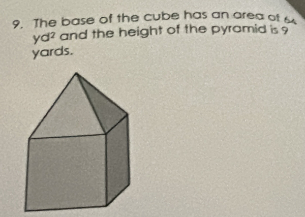 The base of the cube has an area of 6
yd^2 and the height of the pyramid is ?
yards.