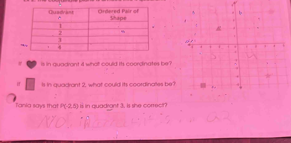 If is in quadrant 4 what could its coordinates be? 
If is in quadrant 2, what could its coordinates be? 
Tania says that P(-2,5) is in quadrant 3, is she correct?