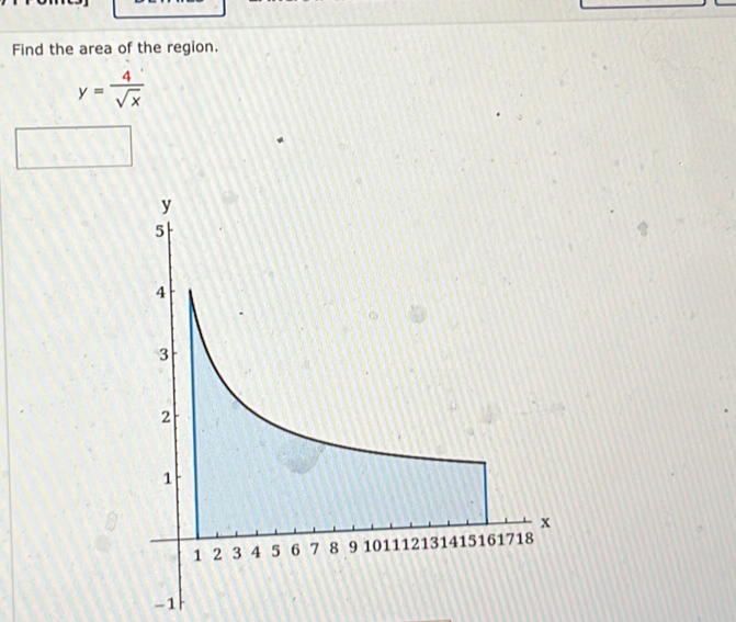 Find the area of the region.
y= 4/sqrt(x) 
-1