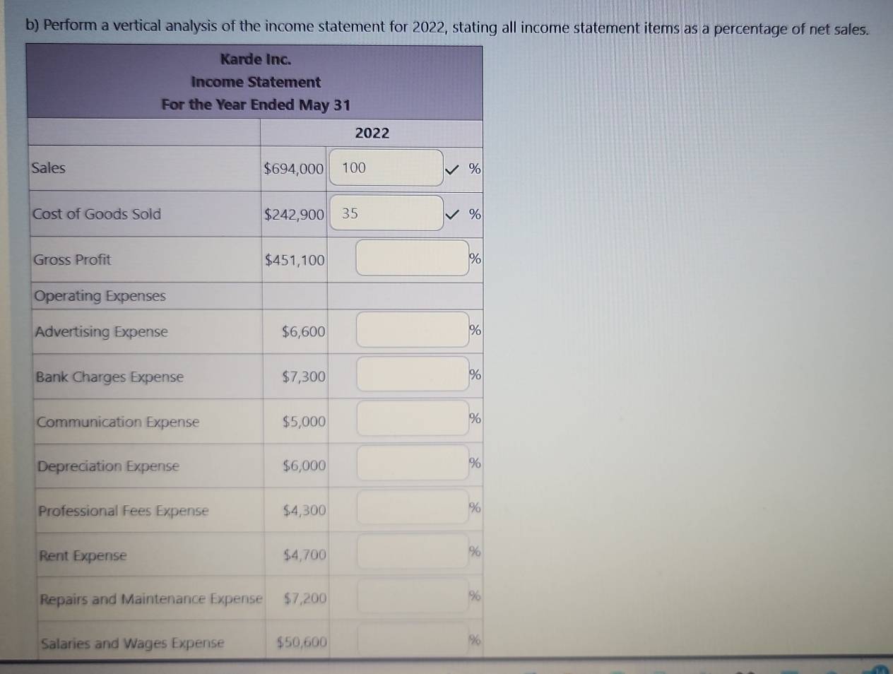 Perform a vertical analysis of the income statement for 2022, stating all income statement items as a percentage of net sales. 
S 
Salaries and Wages Expense $50,600