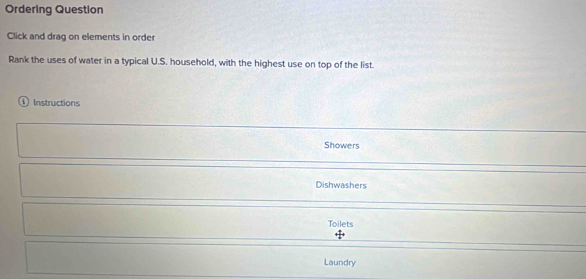 Ordering Question 
Click and drag on elements in order 
Rank the uses of water in a typical U.S. household, with the highest use on top of the list. 
Instructions 
Showers 
Dishwashers 
Toilets 
Laundry