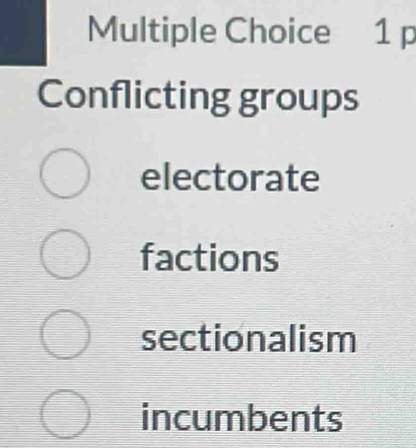 Conflicting groups
electorate
factions
sectionalism
incumbents