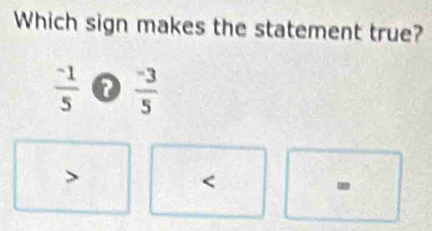 Which sign makes the statement true?
 (-1)/5   (-3)/5 

-