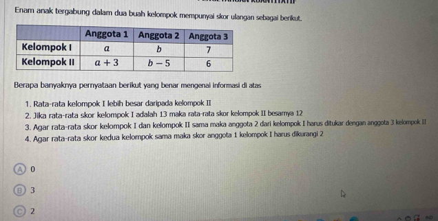 Enam anak tergabung dalam dua buah kelompok mempunyai skor ulangan sebagai berikut.
Berapa banyaknya pernyataan berikut yang benar mengenai informasi di atas
1. Rata-rata kelompok I lebih besar daripada kelompok II
2. Jika rata-rata skor kelompok I adalah 13 maka rata-rata skor kelompok II besamya 12
3. Agar rata-rata skor kelompok I dan kelompok II sama maka anggota 2 dari kelompok I harus ditukar dengan anggota 3 kelompok II
4. Agar rata-rata skor kedua kelompok sama maka skor anggota 1 kelompok I harus dikurangi 2
A 0
B)3
C 2
tN