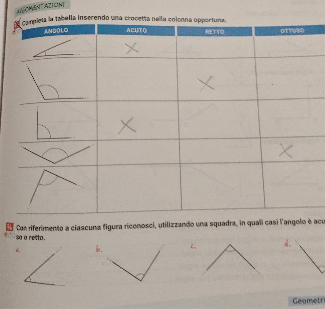 ARGOMENTAZIONI
Con riferimento a ciascuna figura riconosci, utilizzando una squadra, in quali casi l'angolo è acu
so o retto.
a,
b.
C、
d.
Geometr