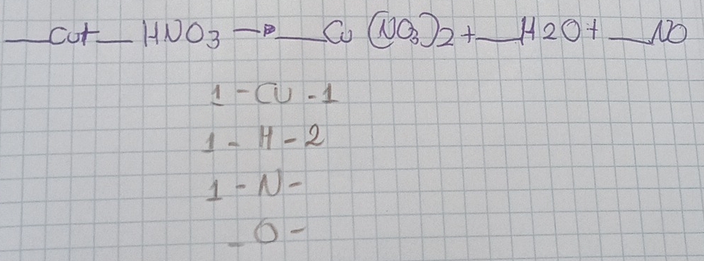 underline COT_ HNO_3 _ _ to _ Cu(NO_3)_2+ __  1/4 2=frac 1/2= 1/2  cos ( H2O+ _ 12 _
1-CU-1
1-H-2
1-N-
_ -