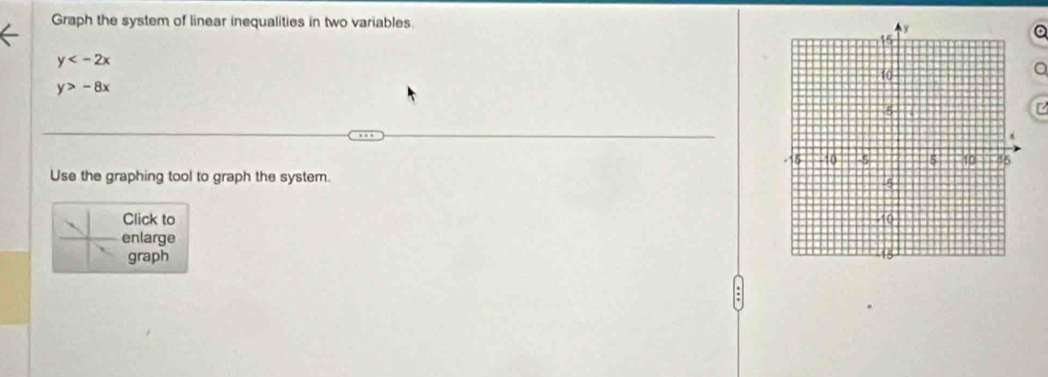 Graph the system of linear inequalities in two variables
a
y
a
y>-8x
Use the graphing tool to graph the system. 
Click to 
enlarge 
graph