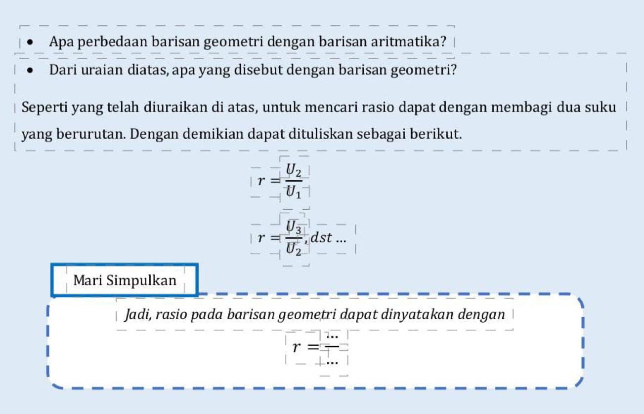 Apa perbedaan barisan geometri dengan barisan aritmatika? 
Dari uraian diatas, apa yang disebut dengan barisan geometri? 
Seperti yang telah diuraikan di atas, untuk mencari rasio dapat dengan membagi dua suku 
yang berurutan. Dengan demikian dapat dituliskan sebagai berikut.
r=frac U_2U_1
r=frac U_3U_2,dst... 
Mari Simpulkan 
Jadi, rasio pada barisan geometri dapat dinyatakan dengan
r=