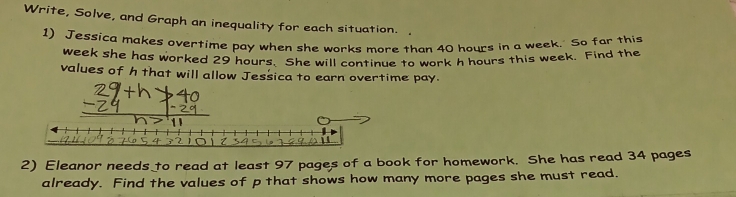 Write, Solve, and Graph an inequality for each situation. 
1) Jessica makes overtime pay when she works more than 40 hours in a week. So far this
week she has worked 29 hours. She will continue to work h hours this week. Find the 
values of h that will allow Jessica to earn overtime pay. 
2) Eleanor needs to read at least 97 pages of a book for homework. She has read 34 pages 
already. Find the values of p that shows how many more pages she must read.