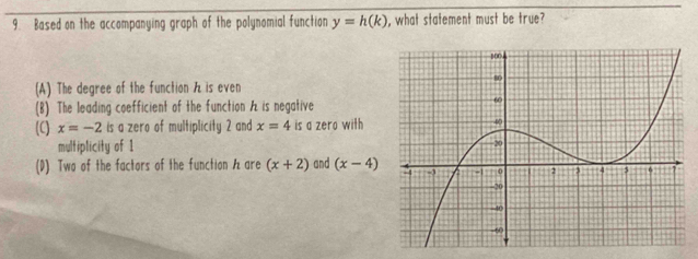 Based on the accompanying graph of the polynomial function y=h(k) , what statement must be true?
(A) The degree of the function h is even
(8). The leading coefficient of the function A is negative
(C) x=-2 is a zero of multiplicity 2 and x=4 is a zero with
multiplicity of 1
(D) Two of the factors of the function 1 are (x+2) and (x-4)