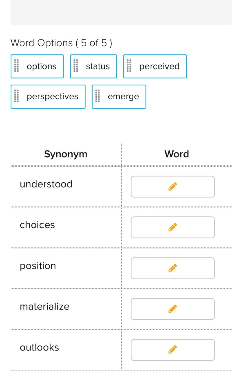 Word Options ( 5 of 5 ) 
options status perceived 
perspectives 83 emerge